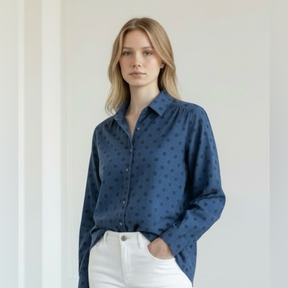 Boden Blue Polka Dot Button Down Blouse | Modal Cotton | Size 12